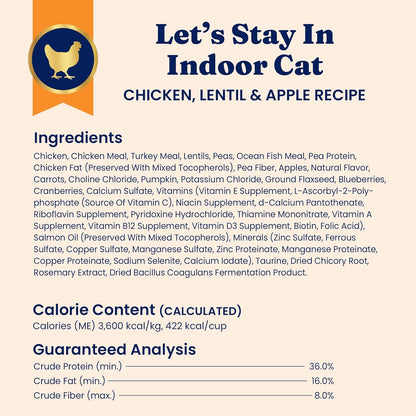 Indoor Dry Cat Food - Grain Free & Gluten Free - Chicken Cat Food Dry Kibble for Indoor Cats W/Probiotics & Fiber for Gut Health - Sensitive Stomach & Hairball Support for Adult Cats -12LB